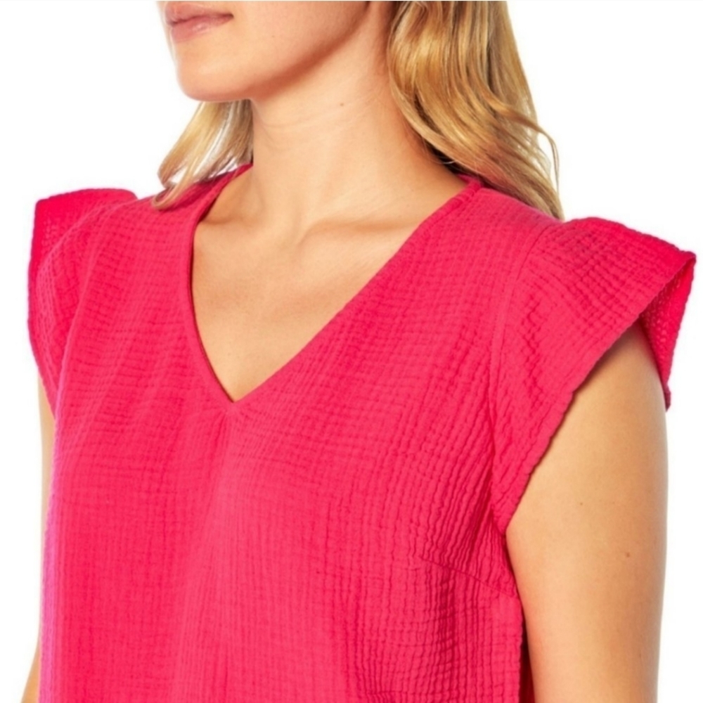 Three Dots Top Women's XXL Fuchsia Double Gauze Cropped Short Ruffle Sleeves - Picture 2 of 8